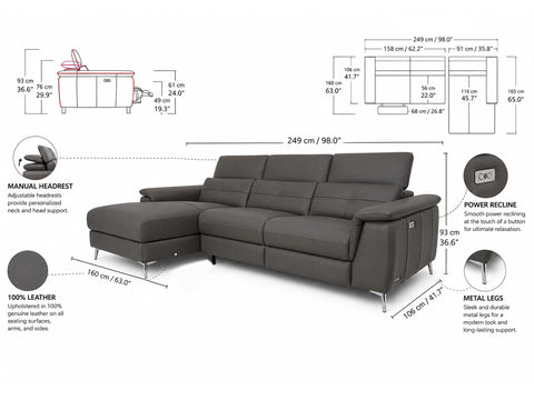 Alanna Grey Leather Motorized Sectional Sofa - Left Chaise