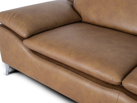 Close-up of Milano Tan Leather Sectional Sofa - Right Chaise showcasing premium full-grain leather texture and sleek design.