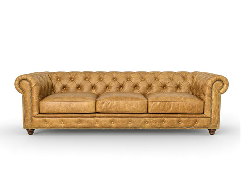 Stanhope Camel Brown Distressed Leather 3 Seater Chesterfield, elegant luxury sofa with tufted back and top-grain aniline leather finish.