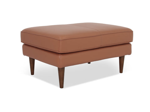 Selina Midcentury Brown Leather Ottoman in premium full top-grain leather with wooden legs for refined style and everyday comfort.