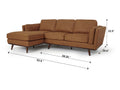 Selina Midcentury Tan Leather Sectional Sofa with dimensions, featuring modern design and top-grain finish.