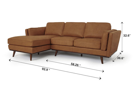 Selina Midcentury Tan Leather Sectional Sofa with dimensions, featuring modern design and top-grain finish.