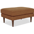 Selina Midcentury Tan Leather Ottoman with premium full top-grain semi-aniline leather upholstery and elegant wooden legs.