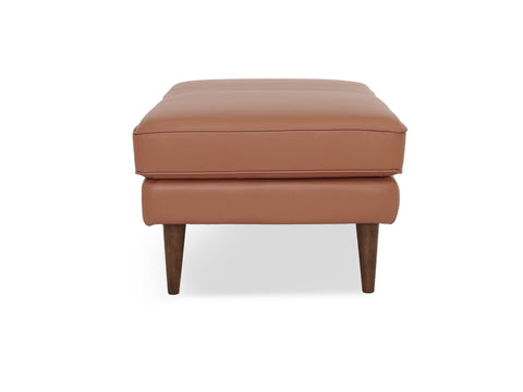 Selina Midcentury Brown Leather Ottoman with a sophisticated design and top-grain semi-aniline leather.