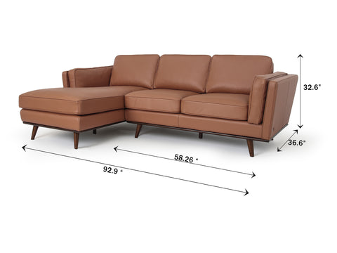 Selina Midcentury Brown Leather Sectional Sofa with dimensions for modern living space