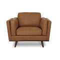 Selina Midcentury Tan Leather Accent Chair with mid-century design and modern craftsmanship, front view on white background.