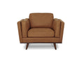 Selina Midcentury Tan Leather Accent Chair with mid-century design and modern craftsmanship, front view on white background.