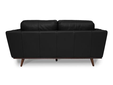 Back view of Selina Mid-Century Leather Black Loveseat Sofa showcasing elegant design and buttery-soft leather upholstery.