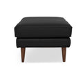 Selina Midcentury Black Leather Ottoman showcasing refined style and premium full top-grain leather with wooden legs.