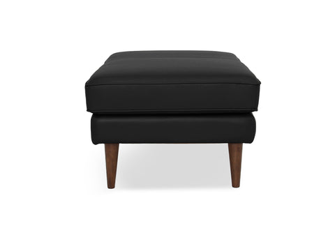 Selina Midcentury Black Leather Ottoman showcasing refined style and premium full top-grain leather with wooden legs.