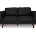 Selina Mid-Century Leather Black Loveseat Sofa with sleek design and buttery-soft upholstery, perfect for elegant living spaces.