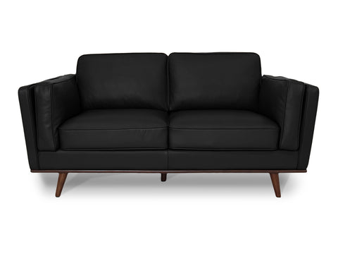 Selina Mid-Century Leather Black Loveseat Sofa with sleek design and buttery-soft upholstery, perfect for elegant living spaces.