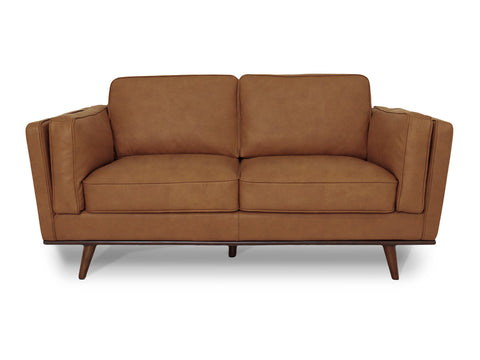 Selina Midcentury Tan Leather Loveseat Sofa with semi-aniline leather and warm brown tone, perfect for modern or classic interiors.