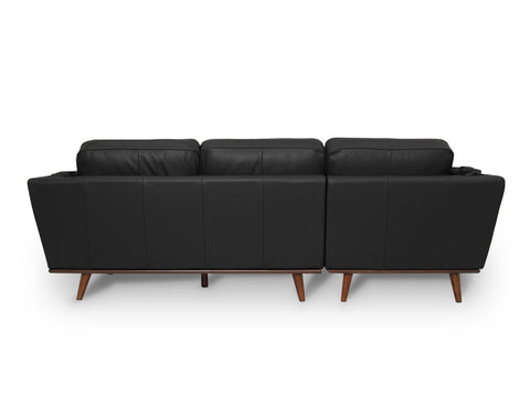 Back view of Selina Midcentury Black Leather Sectional Sofa with clean lines and tailored stitching.