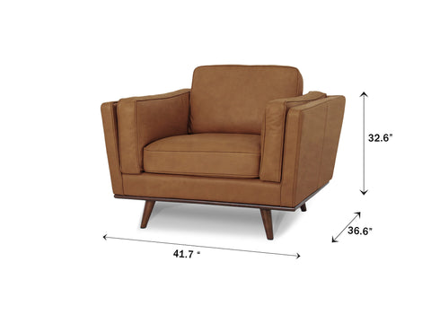 Selina Midcentury Tan Leather Accent Chair with dimensions 41.7" x 36.6" x 32.6". Ideal for classic or contemporary spaces.