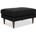 Selina Midcentury Black Leather Ottoman with wooden legs, showcasing premium full top-grain semi-aniline leather and sophisticated design.
