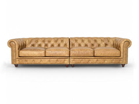 Stanhope Camel Brown Distressed Leather 4 Seater Chesterfield with rich top-grain aniline leather showcasing modern luxury.