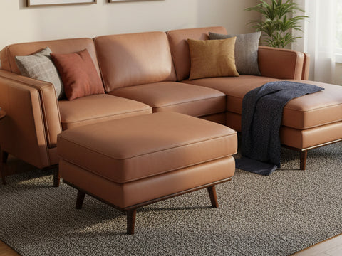 Selina Midcentury Brown Leather Ottoman in living room setting with cozy couch and pillows, showcasing stylish and comfortable decor.