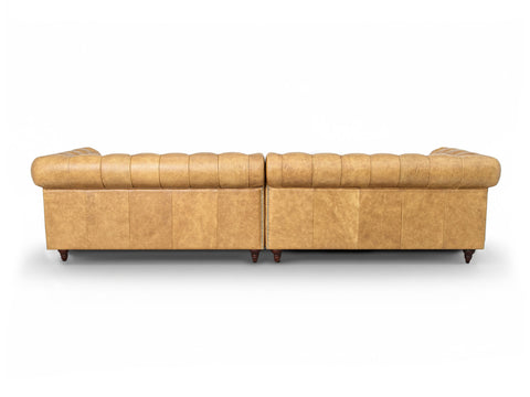 Back view of Stanhope Camel Brown Distressed Leather 4 Seater Chesterfield showcasing rich aniline leather upholstery.