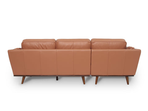 Back view of Selina Midcentury Brown Leather Sectional Sofa showing elegant design and top-grain leather upholstery.
