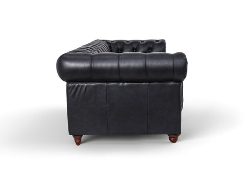 Side view of Stanhope Black 4 Seater Chesterfield in premium aniline leather with tufted design and black color.