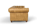 Side view of Stanhope Camel Brown Distressed Leather 3 Seater Chesterfield showing rich aniline leather upholstery.