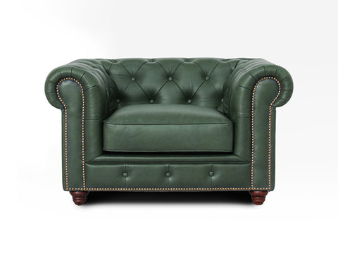 Stanhope Royal Green Leather 1 Seater Chesterfield in rich aniline leather, showcasing British heritage with refined luxury.