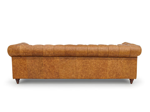 Back view of Stanhope Cognac Distressed Leather 3 Seater Chesterfield showcasing rich leather texture.