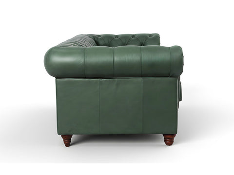 Side view of Stanhope Royal Green Leather 4 Seater Chesterfield showcasing elegant design and craftsmanship.