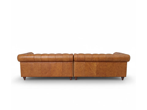 Back view of Stanhope Cognac Distressed Leather 4 Seater Chesterfield in rich brown leather.