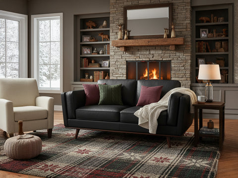 Selina Mid-Century Leather Black Loveseat Sofa in cozy living room setting with burning fireplace and stylish decor.