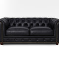 Stanhope Black Loveseat Chesterfield in top-grain aniline leather with button tufting and rich black color.
