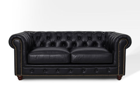 Stanhope Black Loveseat Chesterfield in top-grain aniline leather with button tufting and rich black color.