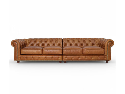 Stanhope Cognac Distressed Leather 4 Seater Chesterfield, luxury British heritage sofa in rich aniline leather