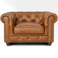 Front view of Stanhope Cognac Distressed Leather 1 Seater Chesterfield, showcasing rich top-grain aniline leather and classic design.