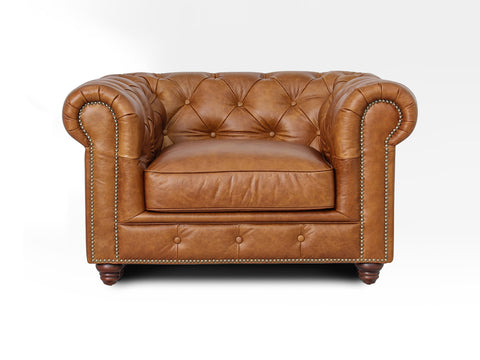Front view of Stanhope Cognac Distressed Leather 1 Seater Chesterfield, showcasing rich top-grain aniline leather and classic design.