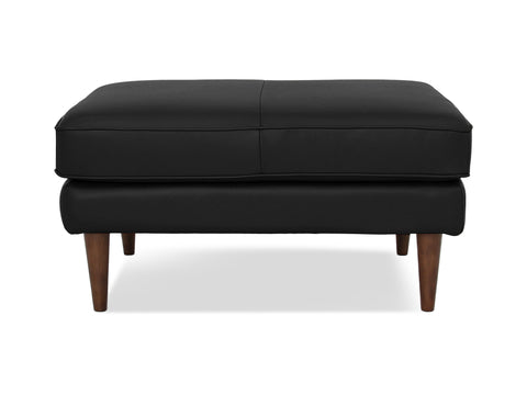 Selina Midcentury Black Leather Ottoman in premium full top-grain semi-aniline leather with elegant wooden legs and matte finish.