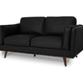 Selina Mid-Century Leather Black Loveseat Sofa with wooden legs, showcasing elegance and modern comfort in semi-aniline leather finish.