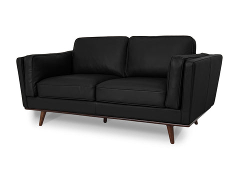 Selina Mid-Century Leather Black Loveseat Sofa with wooden legs, showcasing elegance and modern comfort in semi-aniline leather finish.