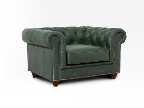 Stanhope Royal Green Leather 1 Seater Chesterfield armchair showcasing rich aniline leather upholstery in elegant British heritage style.