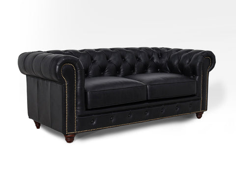 Stanhope Black Loveseat Chesterfield in top-grain leather with tufted back and brass nailhead trim.