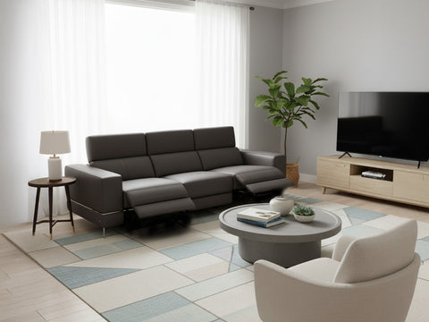 Modena Grey Leather Dual Recliner 3 Seater Sofa in a modern living room setting