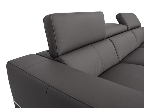 Close-up of Modena Grey Leather Dual Recliner 5 Seater L-Shape Sectional, premium pigmented leather and modern design.