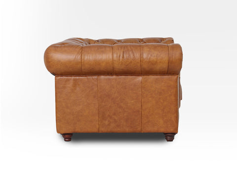 Side view of Stanhope Cognac Distressed Leather 1 Seater Chesterfield showcasing rich top-grain aniline leather finish.