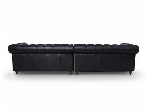 Stanhope Black 4 Seater Chesterfield rear view, showcasing luxurious leather upholstery and elegant design.