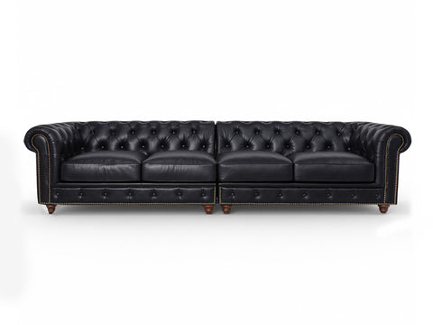 Stanhope Black 4 Seater Chesterfield in top-grain aniline leather showcasing elegant British style and modern luxury.
