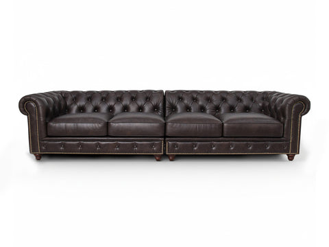 Stanhope Dark Chocolate 4 Seater Chesterfield in rich aniline leather, modern luxury reinterpretation of British heritage sofa