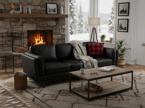 Selina Mid-Century Leather Black 3-Seater Sofa