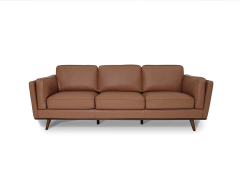 Selina Midcentury Brown Leather 3 Seater Sofa with sculptural design and premium materials