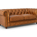 Stanhope Cognac Distressed Leather Loveseat Chesterfield with tufted back and classic design, showcasing luxurious aniline leather finish.